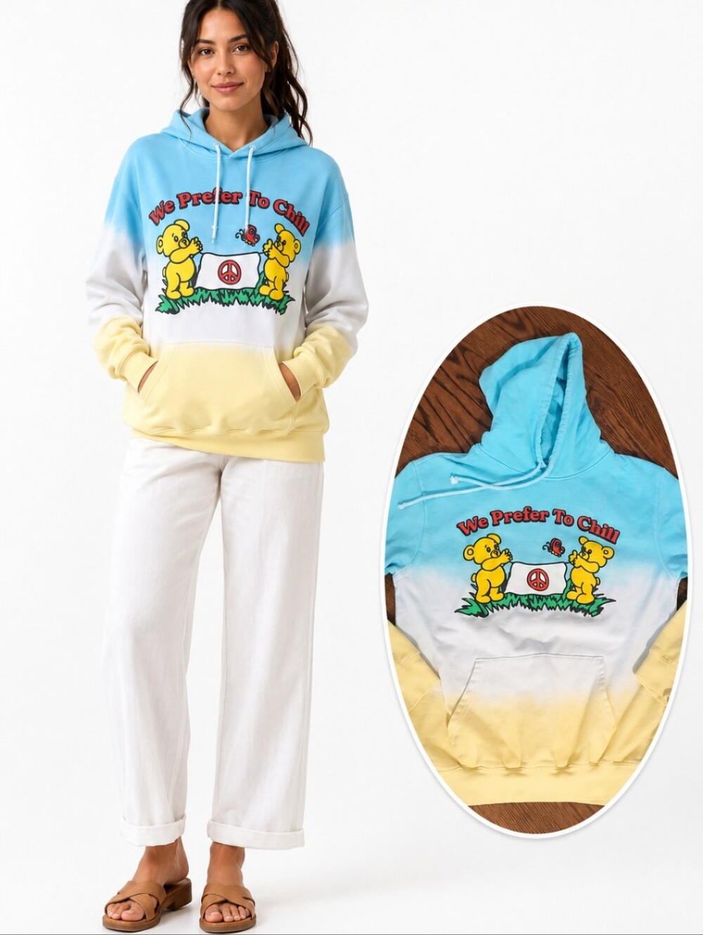 Cody KO Gradient Hoodie We Prefer To Chill Teddy Bear Graphic Whimsical Sz L